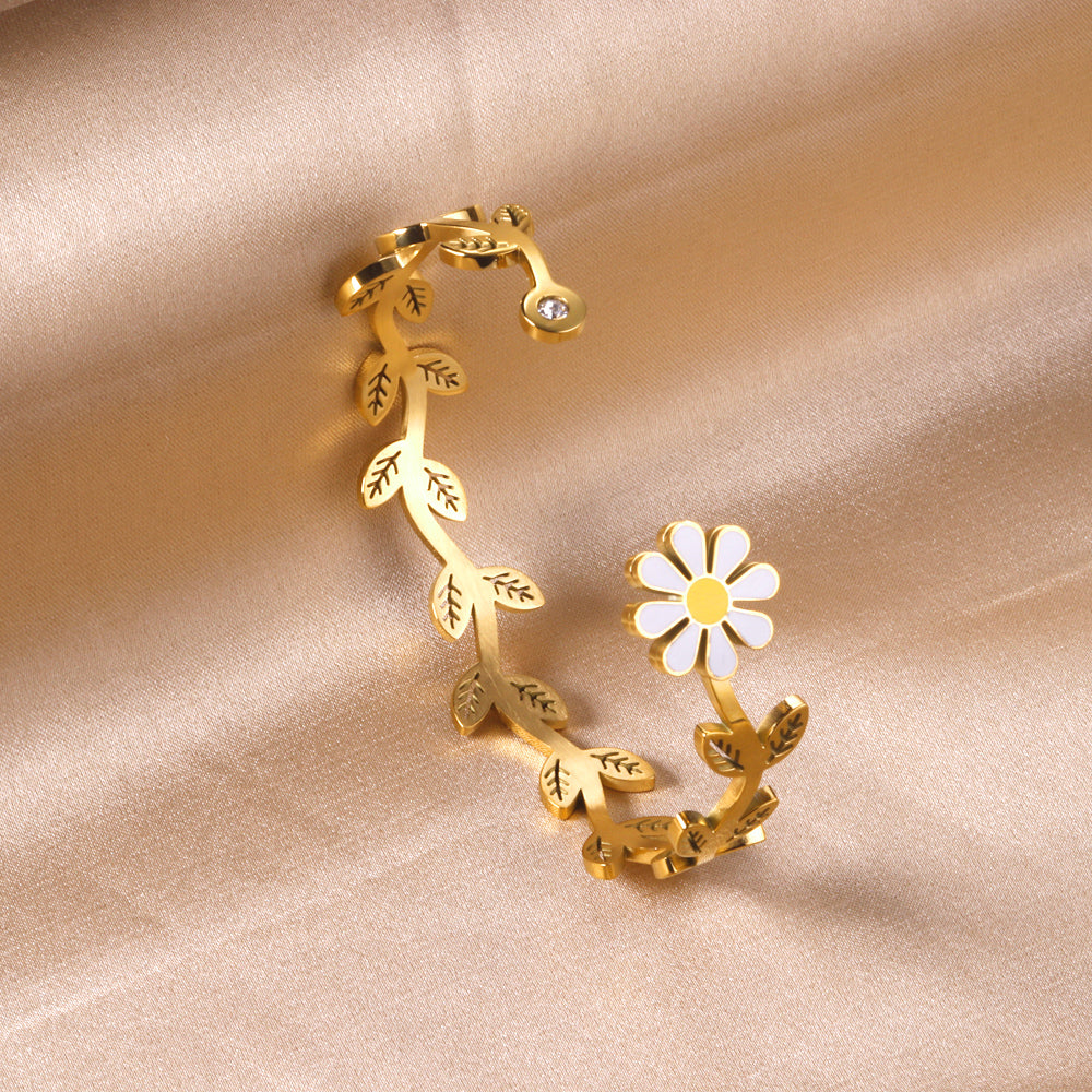 Gold Floral Vine Cuff Bracelet with Enamel Daisy and Crystal