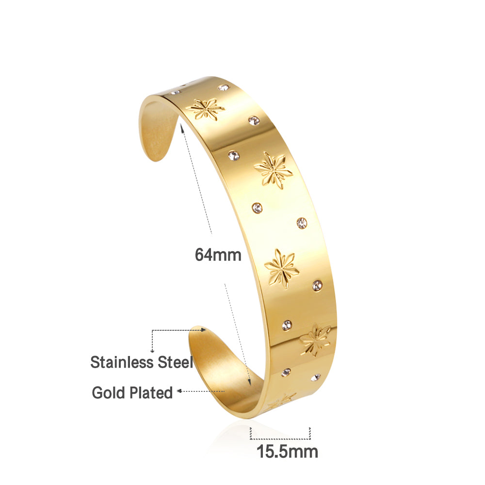 Gold Starburst Engraved Cuff Bracelet with Crystal Accents