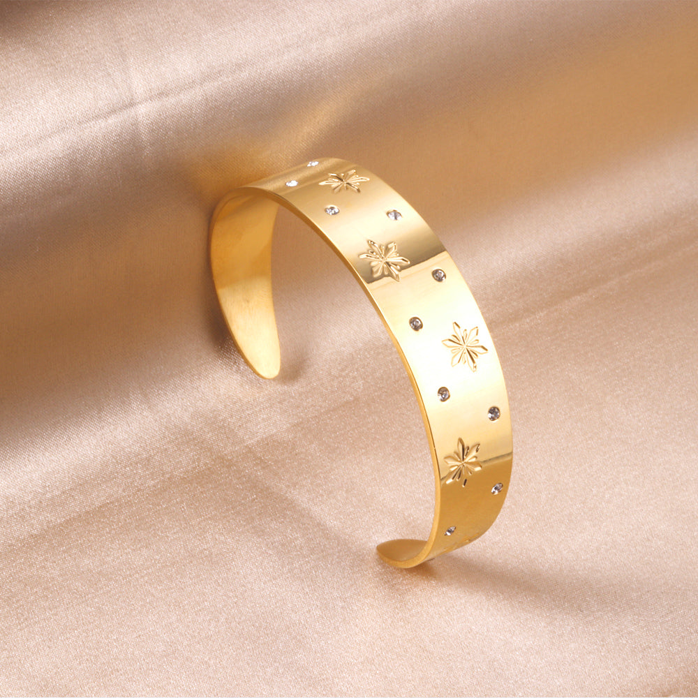 Gold Starburst Engraved Cuff Bracelet with Crystal Accents
