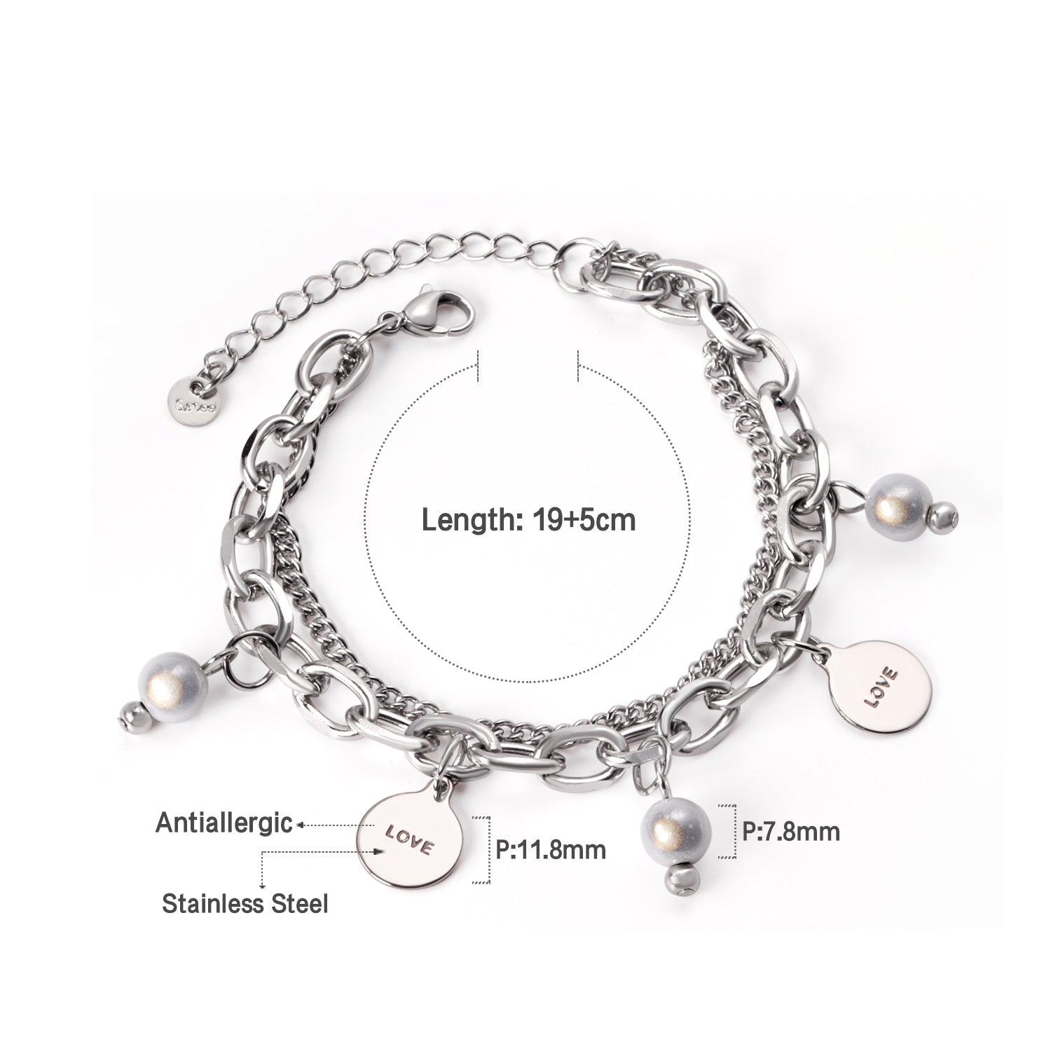 Silver Layered Chunky Chain Charm Bracelet with Pearls & Engraved Tags