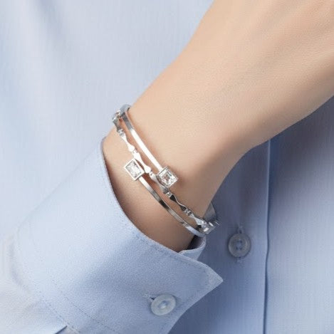 Silver Stainless Steel Dual-Band Bangle with Baguette Crystals