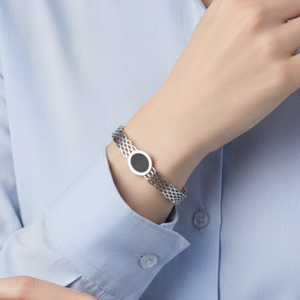 Silver Lattice Bangle with Black Enamel Centerpiece