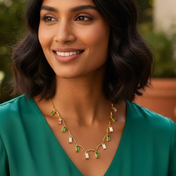 Wavy Vine Necklace with Green and Clear Baguette Crystals