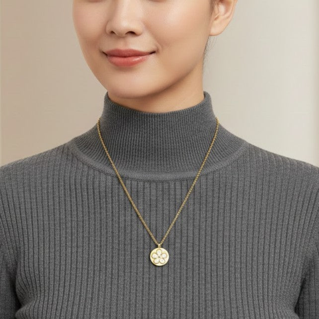 Floral Inlay Disc Pendant Necklace