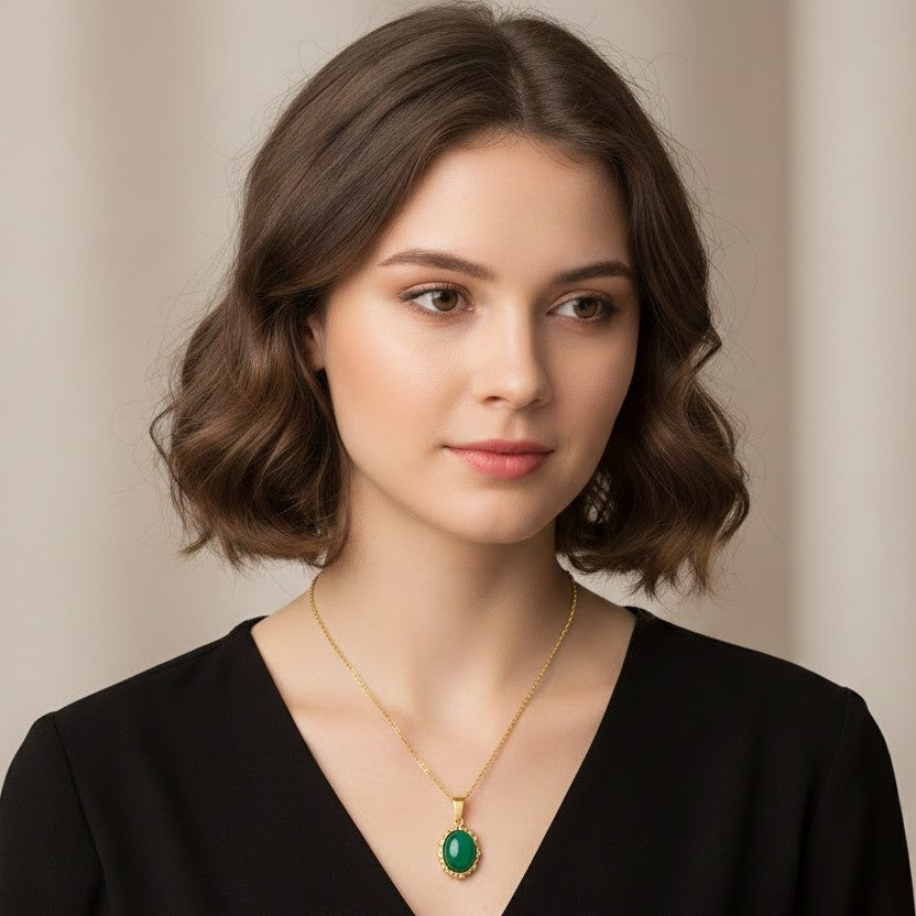Oval Emerald Green Cabochon Pendant Necklace
