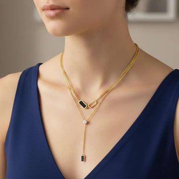 Layered Y-Necklace with Black Enamel Rectangles