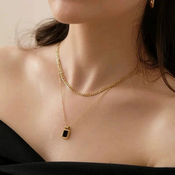 Layered Necklace with Black Enamel Signet Pendant