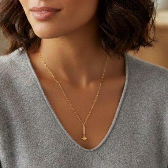 Starburst Compass Y-Necklace with Rectangular Links