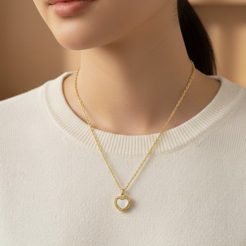 Heart Locket Necklace with Mother of Pearl Inlay