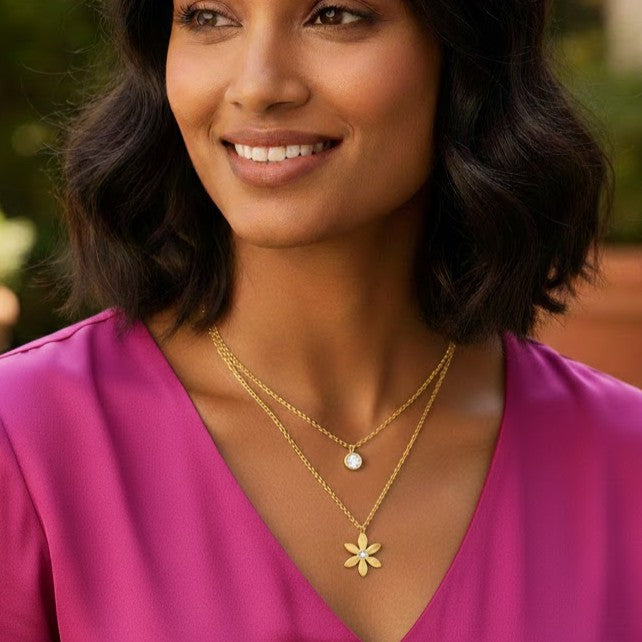Double Layered Solitaire Crystal and Flower Necklace