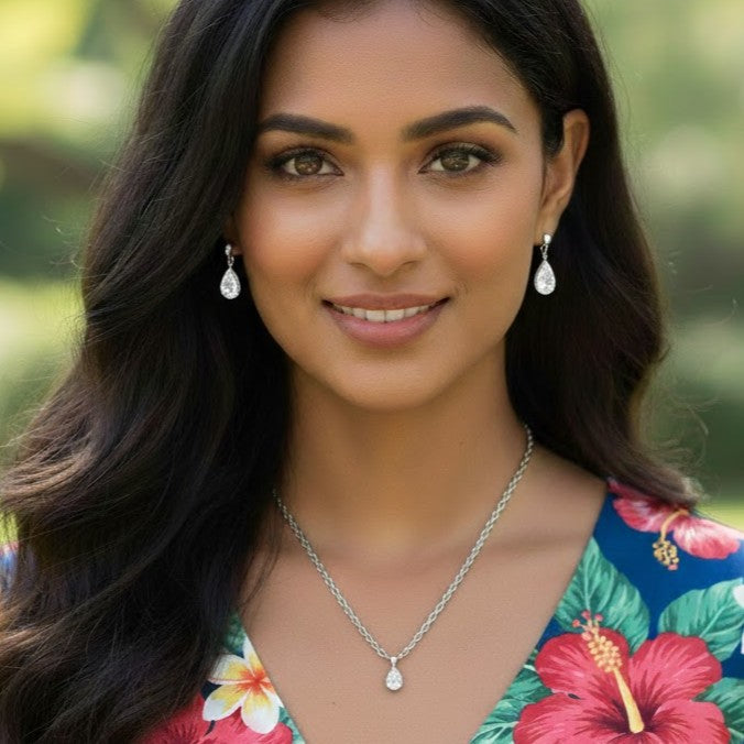 Silver-Toned Teardrop Cubic Zirconia Jewelry Set