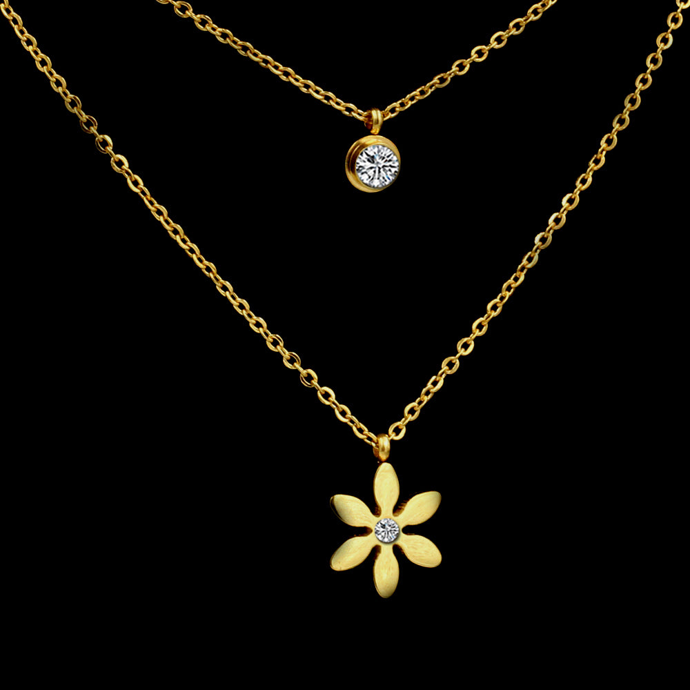 Double Layered Solitaire Crystal and Flower Necklace