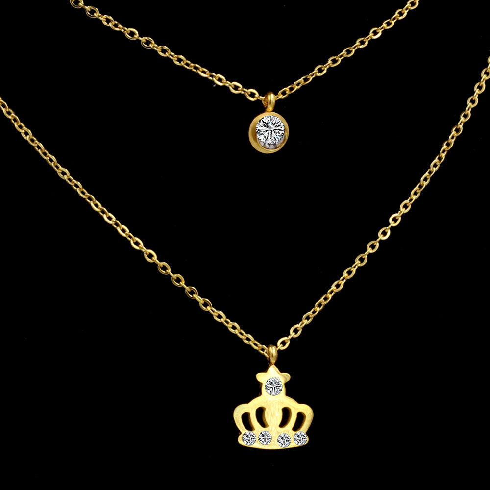Layered Solitaire Crystal and Crown Necklace