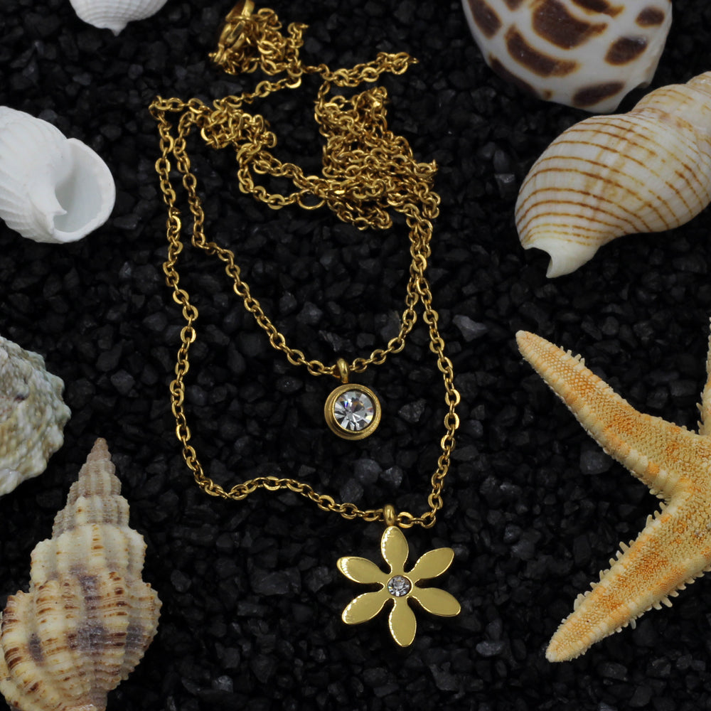 Double Layered Solitaire Crystal and Flower Necklace