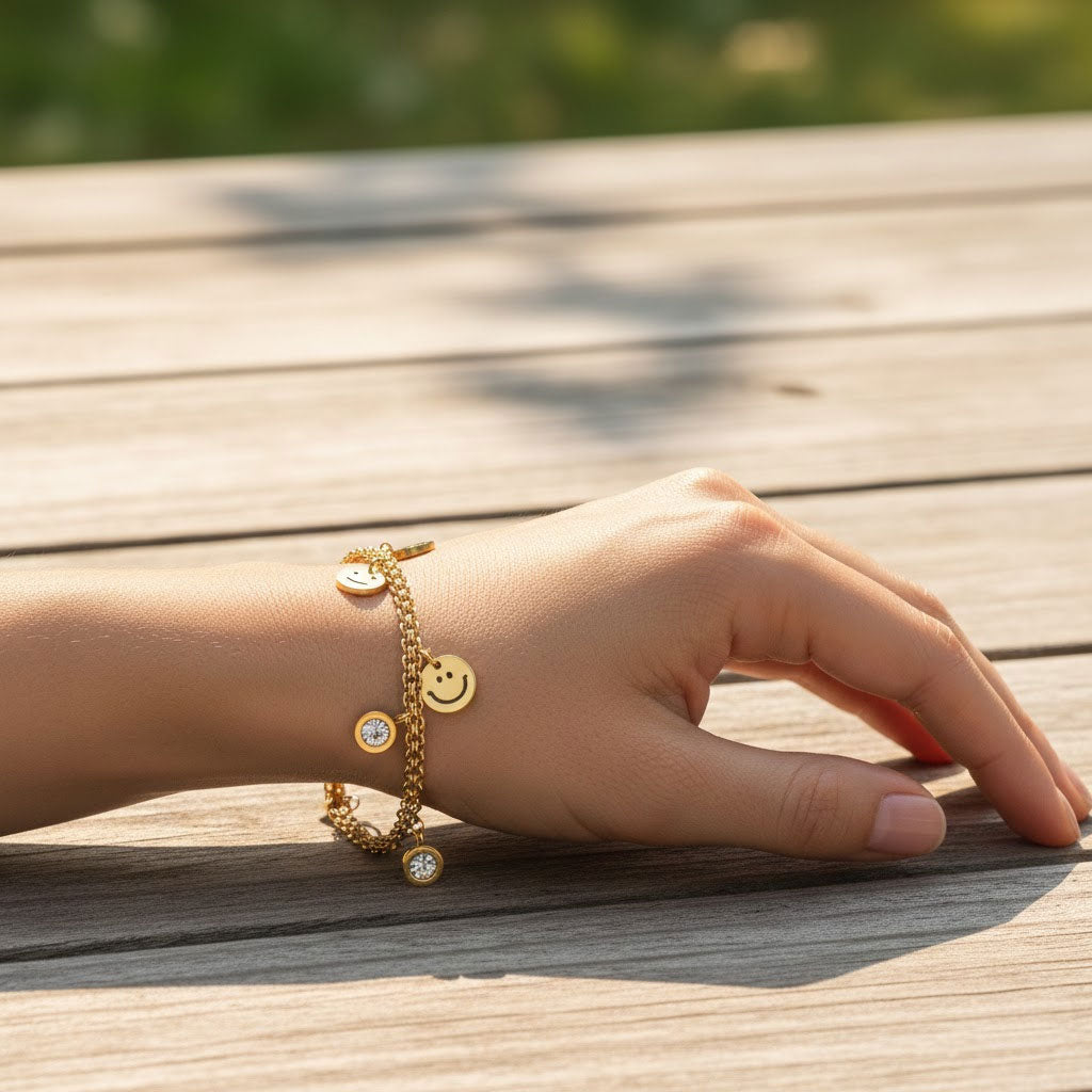 Joyful Smiley Charm Double-Chain Bracelet