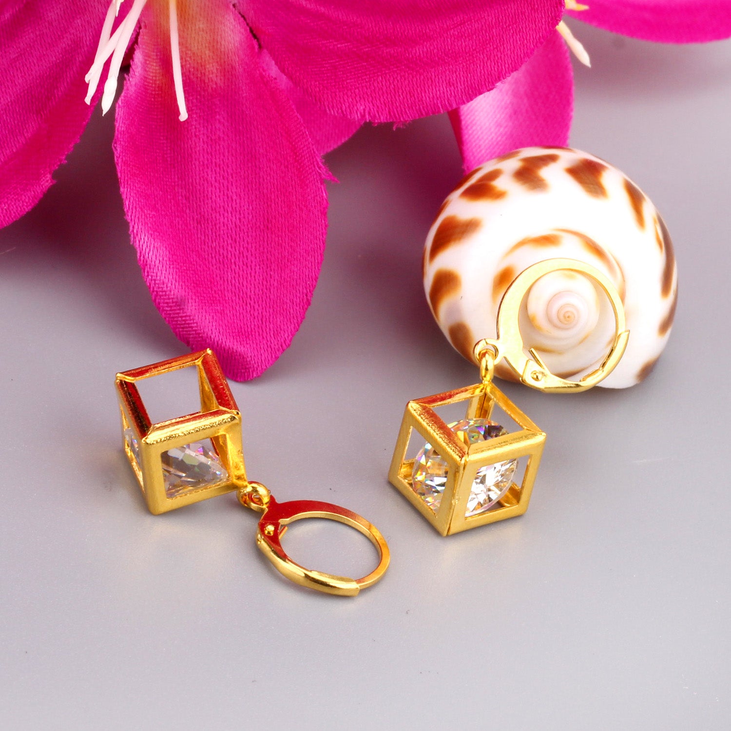 Geometric Cube Drop Earrings with Floating Crystal