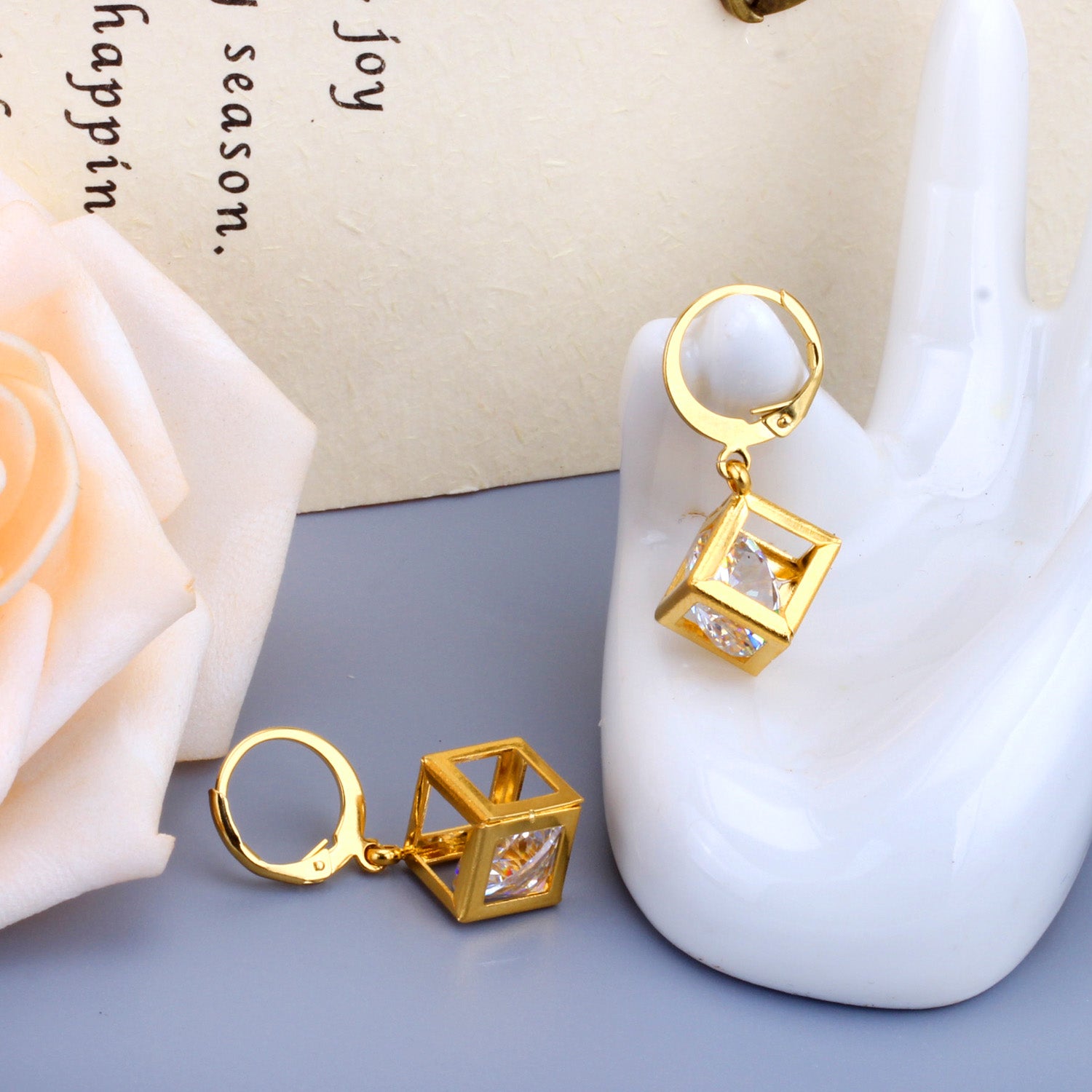 Geometric Cube Drop Earrings with Floating Crystal